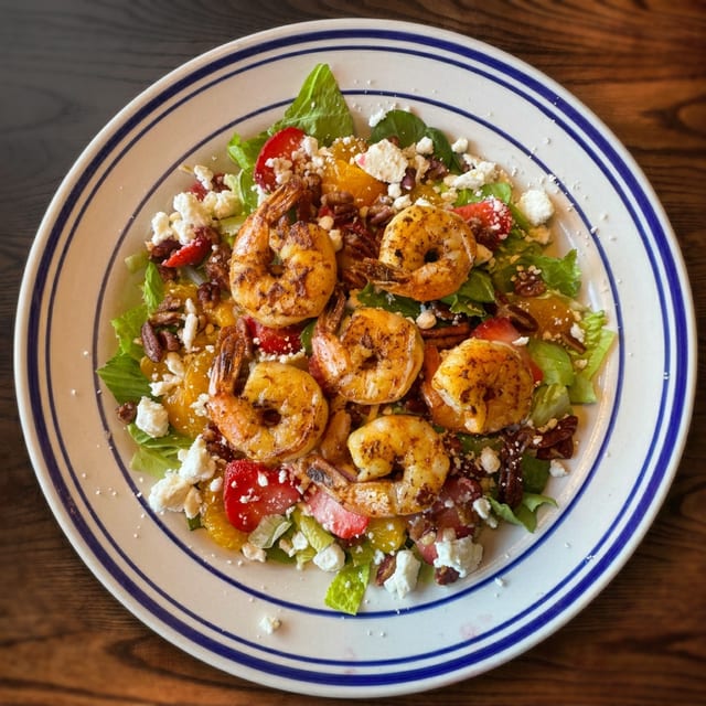 Grilled Shrimp Strawberry Pecan Salad.